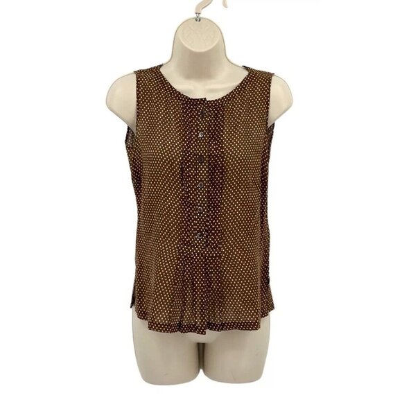Rene Lezard Sleeveless Top Womens Size 4 (34) Top Brown Polka Dot Blouse Button - Picture 1 of 14